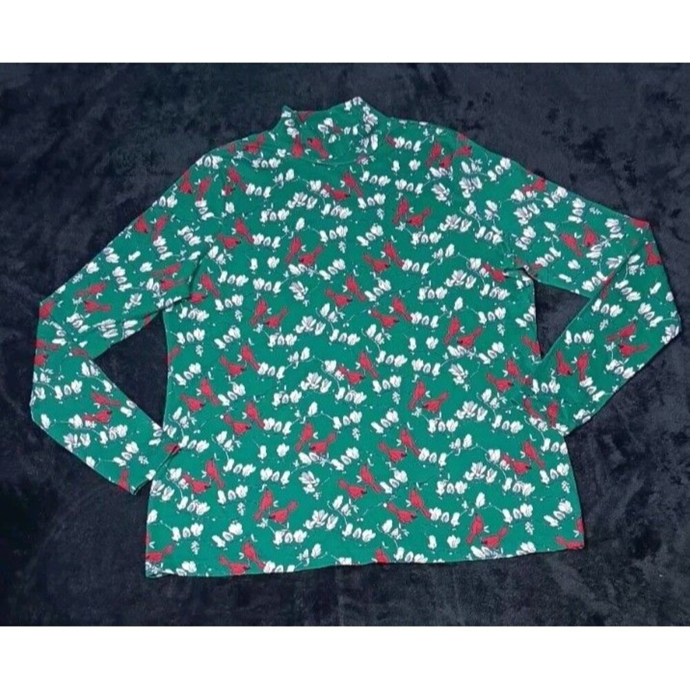 Kim Rogers Perfectly Soft Long Sleeve Mock Turtleneck Top L Green Red Cardinals